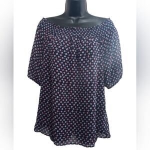 Ann Taylor Shirt Womens Small Slightly Off the shoulders Navy Blue Blouse Dots